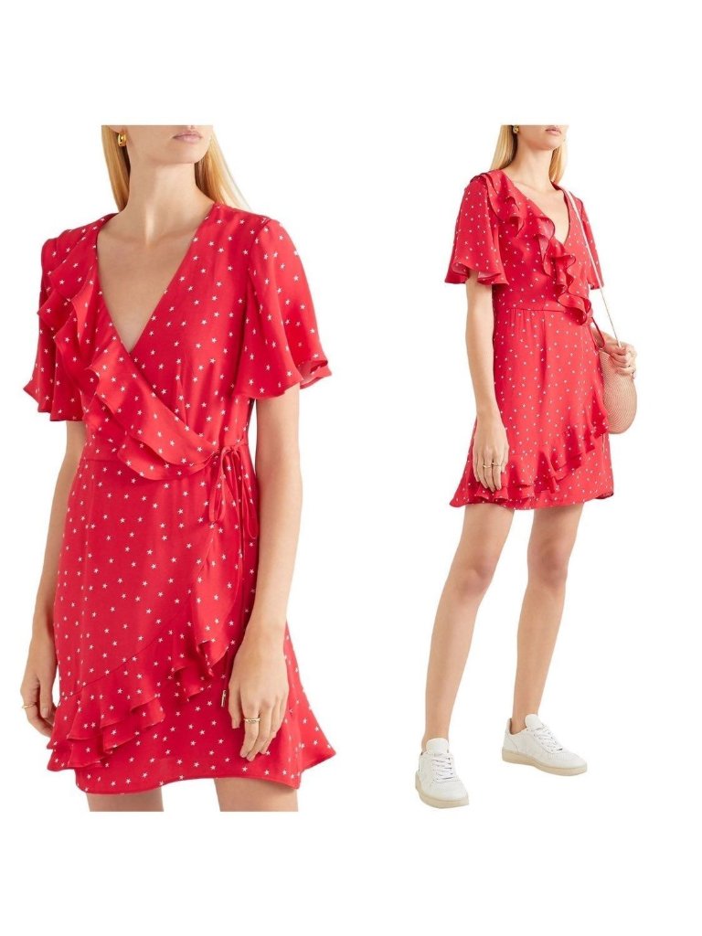 Rebecca Vallance Flores Ruffled Printed Faux Wrap Mini Dress, Size 0, Red White
